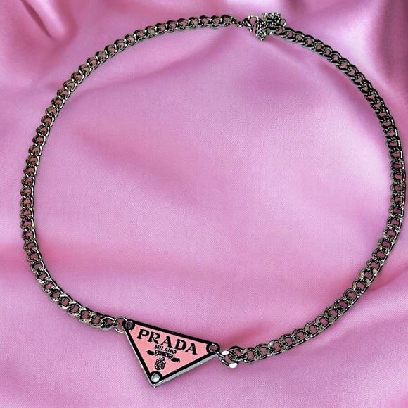 Prada Jewelry - Pink Prada Necklace Pink Prada Logo Pendant Stainless Steel Cuban Chain Necklace